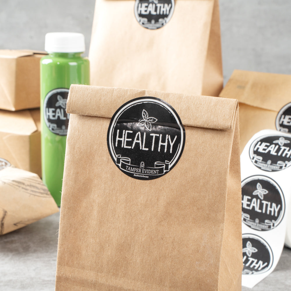 Label Tek Plastic Healthy Label - Black with White Font, Tamper-Evident - 2" x 2" - 500 count box