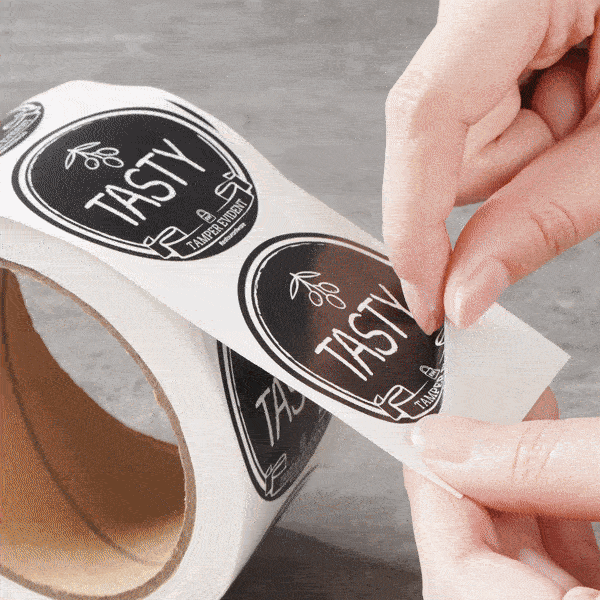 Label Tek Plastic Tasty Label - Black with White Font, Tamper-Evident - 2" x 2" - 500 count box