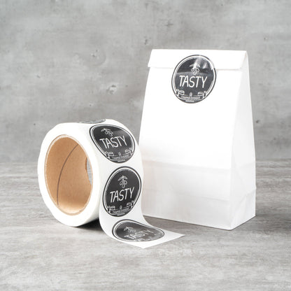 Label Tek Plastic Tasty Label - Black with White Font, Tamper-Evident - 2" x 2" - 500 count box