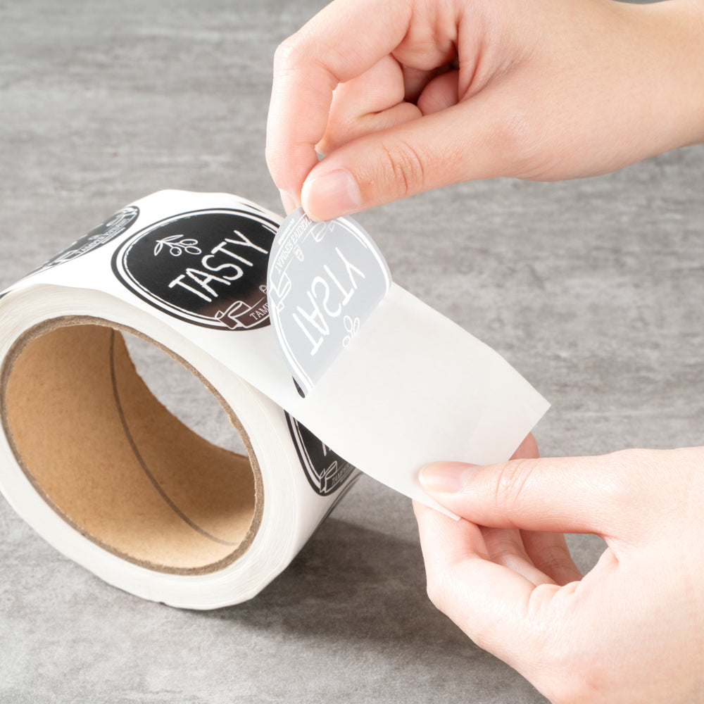 Label Tek Plastic Tasty Label - Black with White Font, Tamper-Evident - 2" x 2" - 500 count box