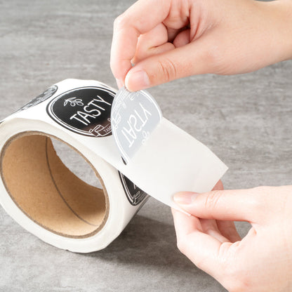Label Tek Plastic Tasty Label - Black with White Font, Tamper-Evident - 2" x 2" - 500 count box