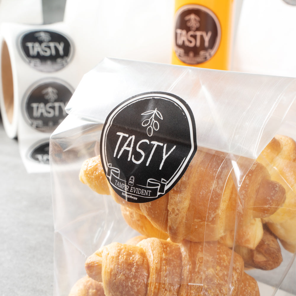 Label Tek Plastic Tasty Label - Black with White Font, Tamper-Evident - 2" x 2" - 500 count box