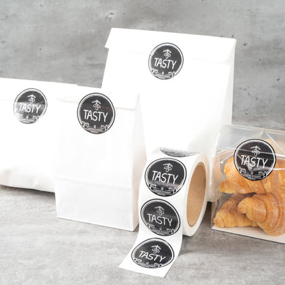 Label Tek Plastic Tasty Label - Black with White Font, Tamper-Evident - 2" x 2" - 500 count box