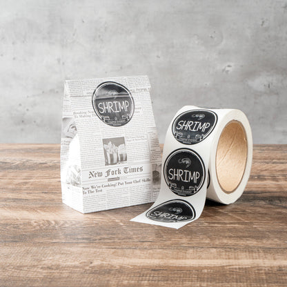 Label Tek Plastic Shrimp Label - Black with White Font, Tamper-Evident - 2" x 2" - 500 count box
