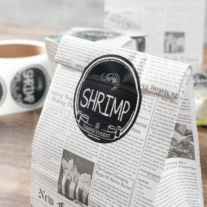 Label Tek Plastic Shrimp Label - Black with White Font, Tamper-Evident - 2" x 2" - 500 count box