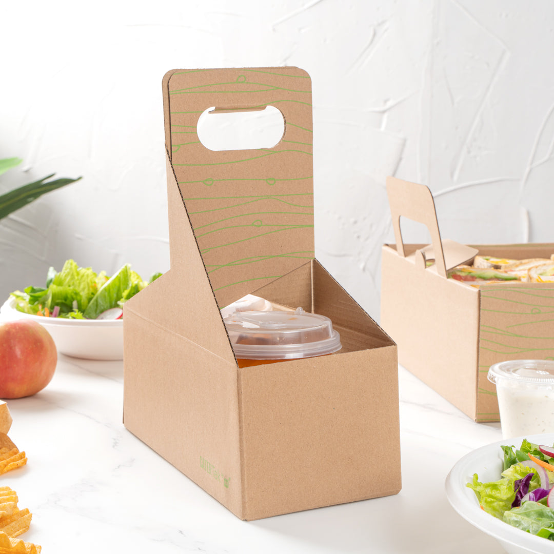 Cater Tek Kraft and Green Paper Drink Carrier - Holds 2 - 9" x 4 1/2" x 4" - 100 count box