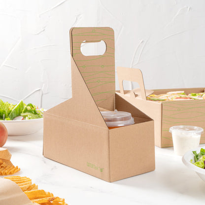 Cater Tek Kraft and Green Paper Drink Carrier - Holds 2 - 9" x 4 1/2" x 4" - 100 count box