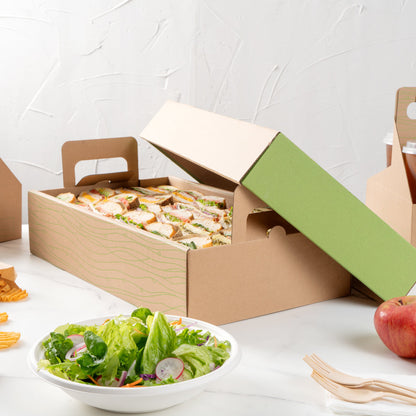 Cater Tek Rectangle Kraft and Green Paper Catering Tray - with Cover - 20" x 11 3/4" x 3 1/4" - 10 count box