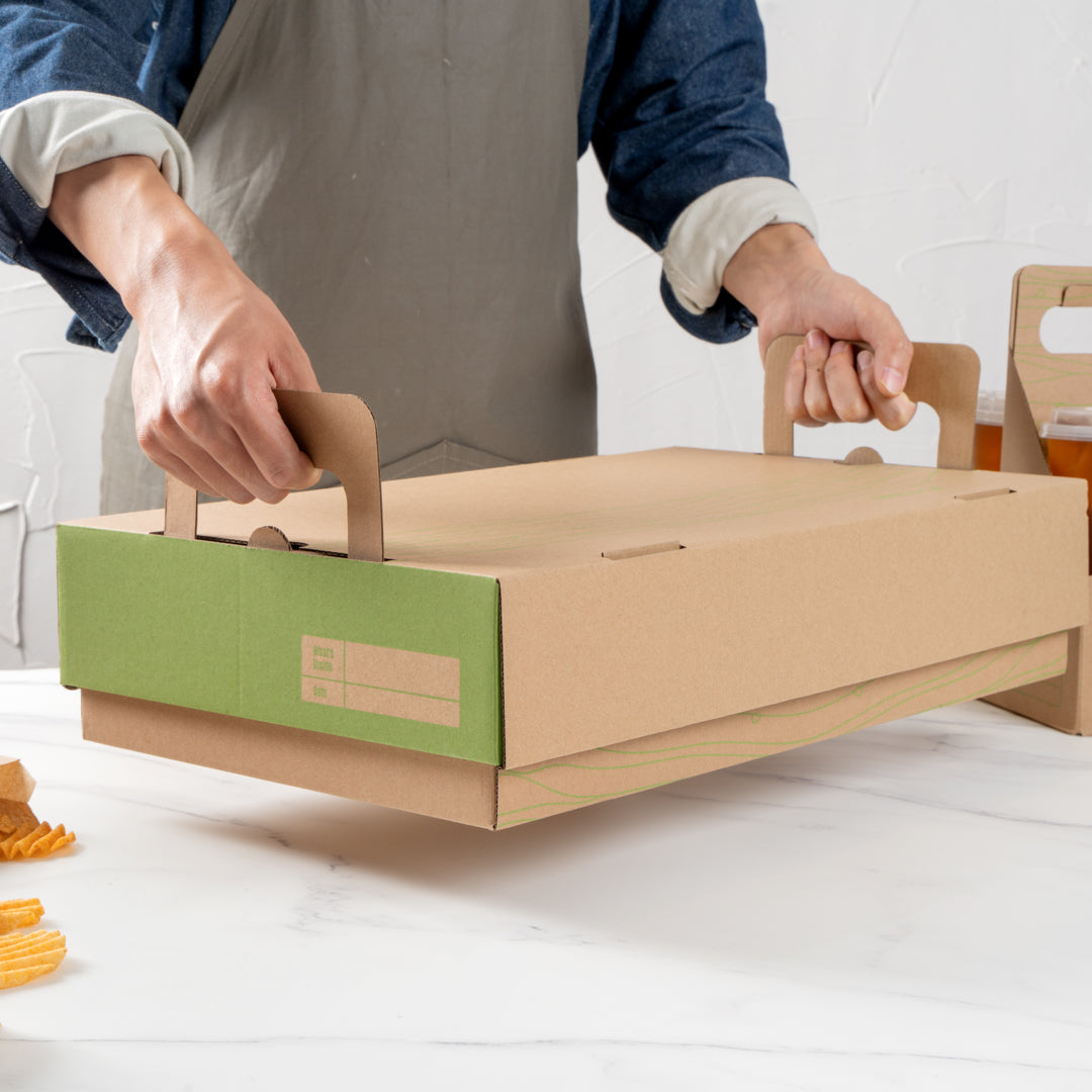 Cater Tek Rectangle Kraft and Green Paper Catering Tray - with Cover - 20" x 11 3/4" x 3 1/4" - 10 count box