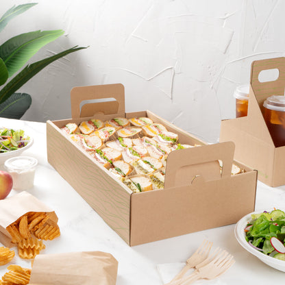 Cater Tek Rectangle Kraft and Green Paper Catering Tray - with Cover - 20" x 11 3/4" x 3 1/4" - 10 count box