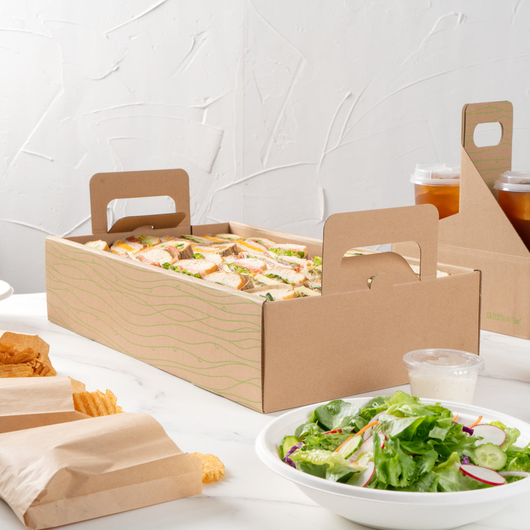 Cater Tek Rectangle Kraft and Green Paper Catering Tray - with Cover - 20" x 11 3/4" x 3 1/4" - 10 count box