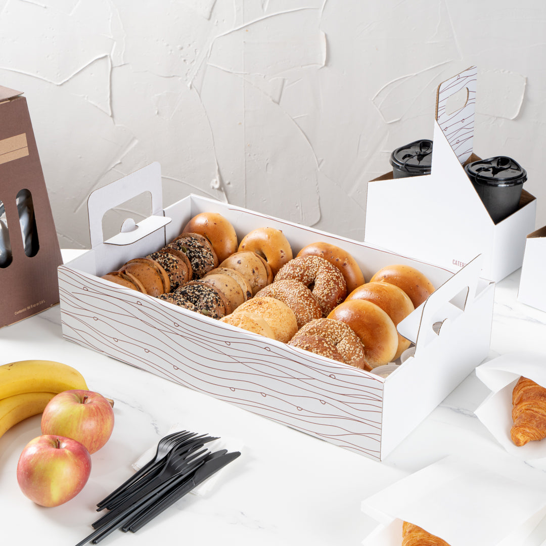 Cater Tek Rectangle White and Brown Paper Catering Tray - with Cover - 20" x 11 3/4" x 3 1/4" - 10 count box