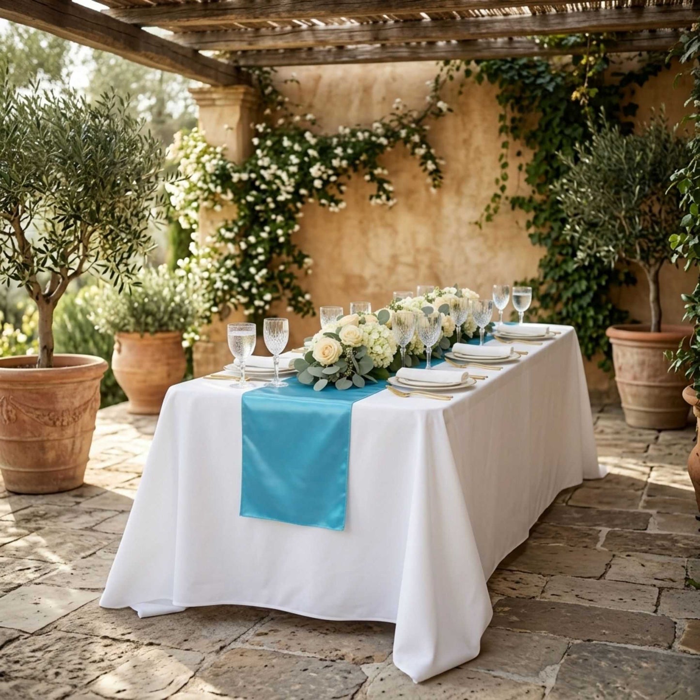 Table Tek Sky Blue Satin Table Runner - 12" x 108" - 1 count box
