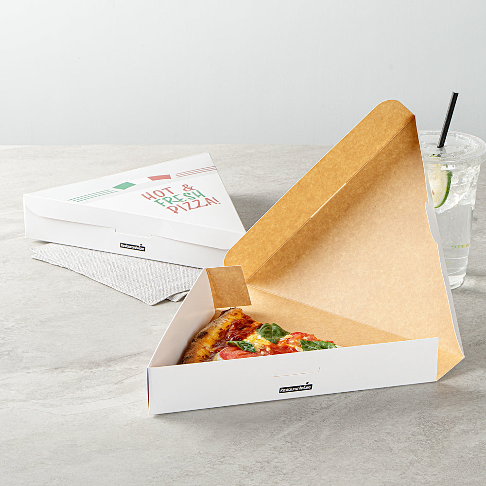 Eco Pie White Paper Pizza Slice Box - Hot & Fresh, Clamshell - 9 1/4" x 10 1/4" x 1 3/4" - 100 count box