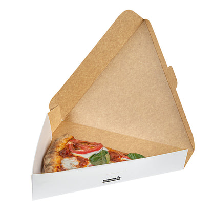 Eco Pie White Paper Pizza Slice Box - Hot & Fresh, Clamshell - 9 1/4" x 10 1/4" x 1 3/4" - 100 count box
