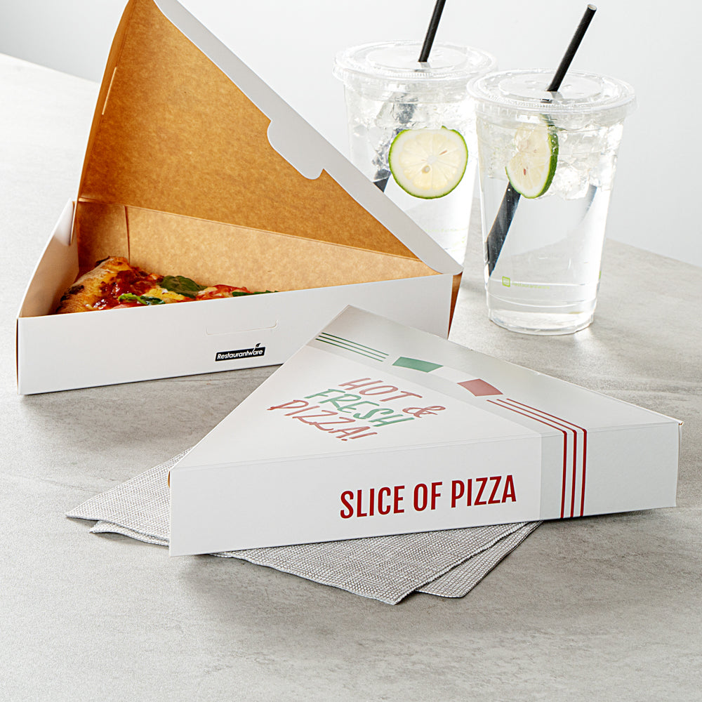 Eco Pie White Paper Pizza Slice Box - Hot & Fresh, Clamshell - 9 1/4" x 10 1/4" x 1 3/4" - 100 count box