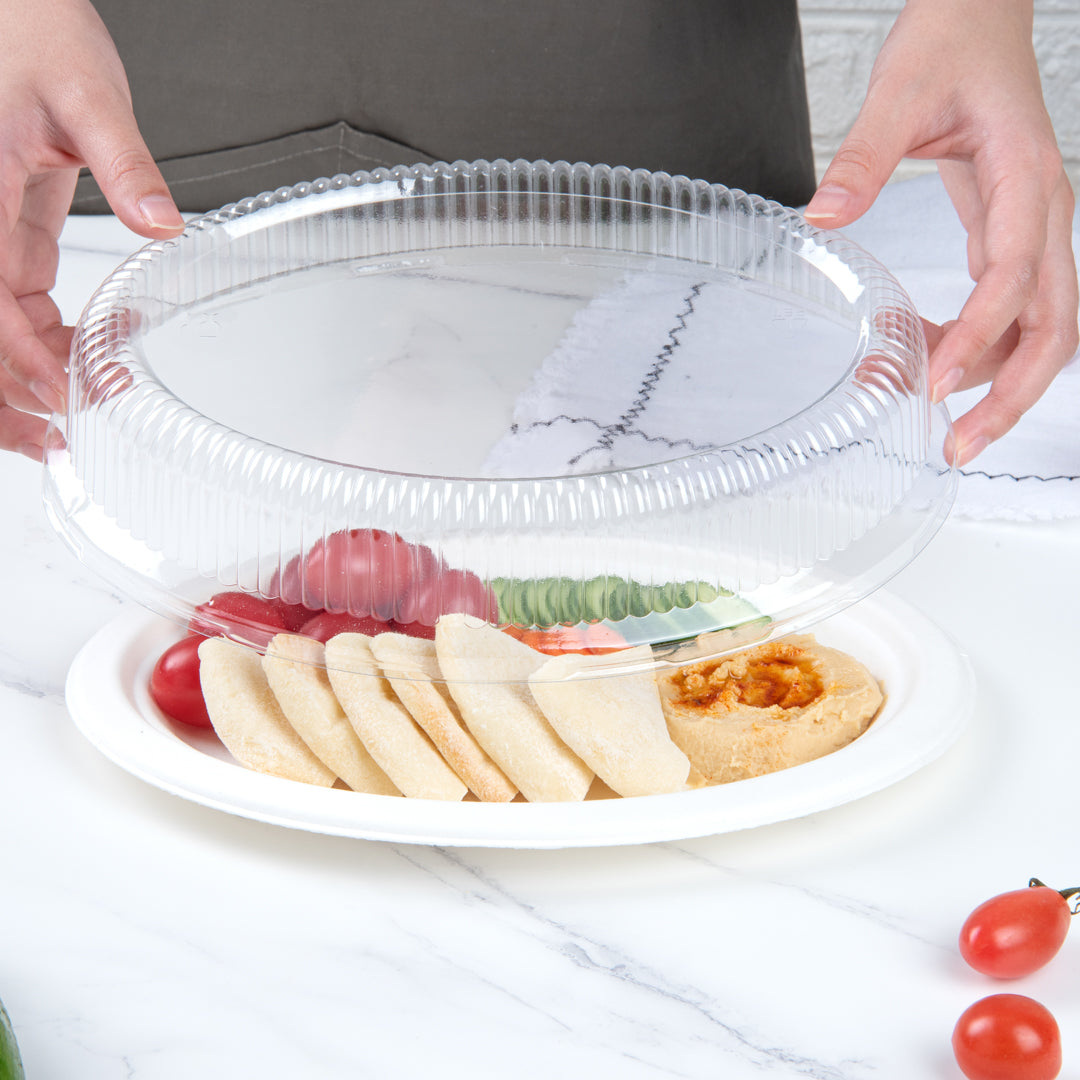 Pulp Safe Oval Clear Plastic Ripple Dome Lid - Fits Sugarcane / Bagasse Plate - 100 count box