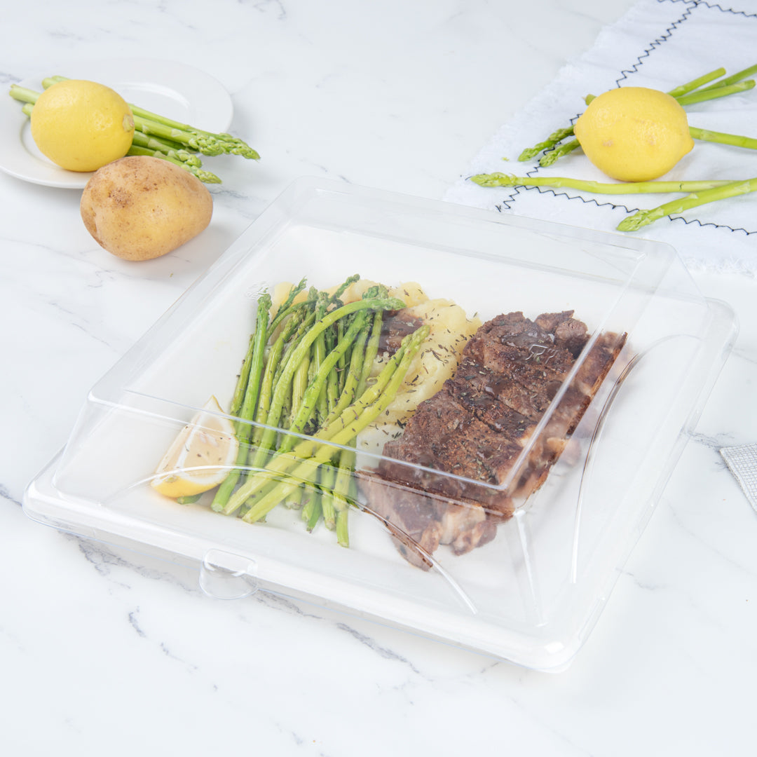 Pulp Safe Square Clear Plastic Dome Lid - Fits Sugarcane / Bagasse Large Plate - 100 count box