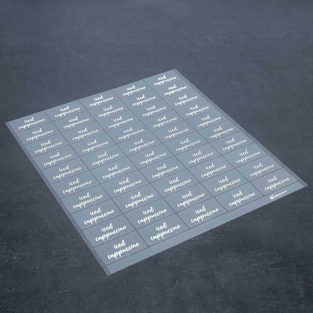 Label Tek Plastic Iced Cappuccino Label - Clear with White Font, Water-Resistant - 2" x 1" - 100 count box