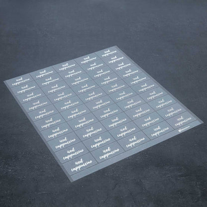 Label Tek Plastic Iced Cappuccino Label - Clear with White Font, Water-Resistant - 2" x 1" - 100 count box