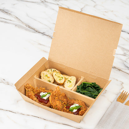 Bio Tek 51 oz Rectangle Kraft Paper Bento Box - 3-Compartment - 9 1/2" x 7 1/2" x 2" - 100 count box