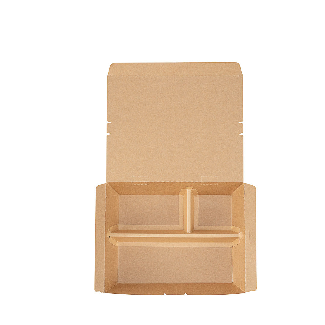 Bio Tek 51 oz Rectangle Kraft Paper Bento Box - 3-Compartment - 9 1/2" x 7 1/2" x 2" - 100 count box