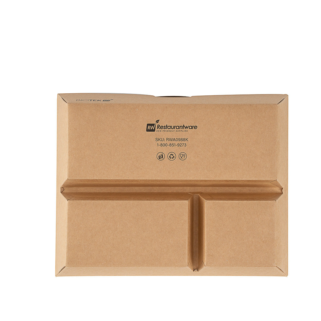 Bio Tek 51 oz Rectangle Kraft Paper Bento Box - 3-Compartment - 9 1/2" x 7 1/2" x 2" - 100 count box