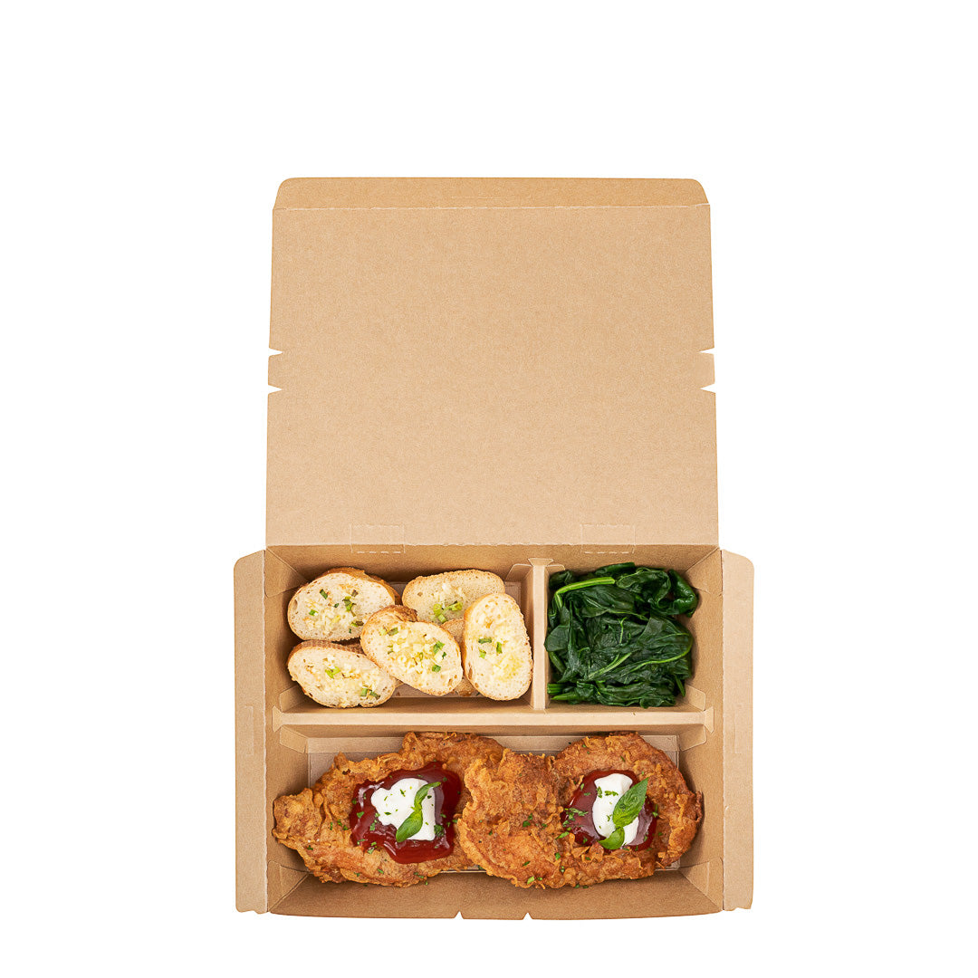 Bio Tek 51 oz Rectangle Kraft Paper Bento Box - 3-Compartment - 9 1/2" x 7 1/2" x 2" - 100 count box