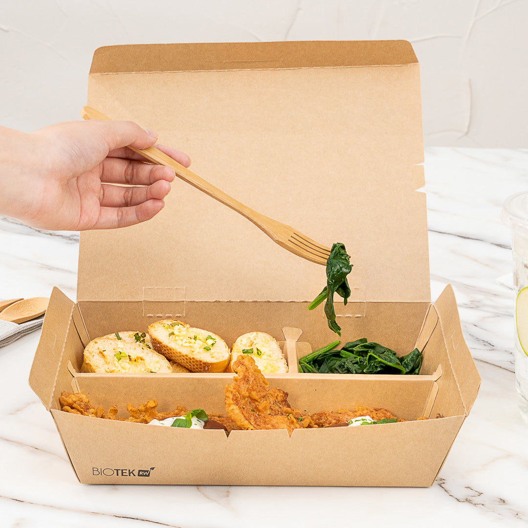 Bio Tek 51 oz Rectangle Kraft Paper Bento Box - 3-Compartment - 9 1/2" x 7 1/2" x 2" - 100 count box