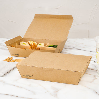 Bio Tek 51 oz Rectangle Kraft Paper Bento Box - 3-Compartment - 9 1/2" x 7 1/2" x 2" - 100 count box