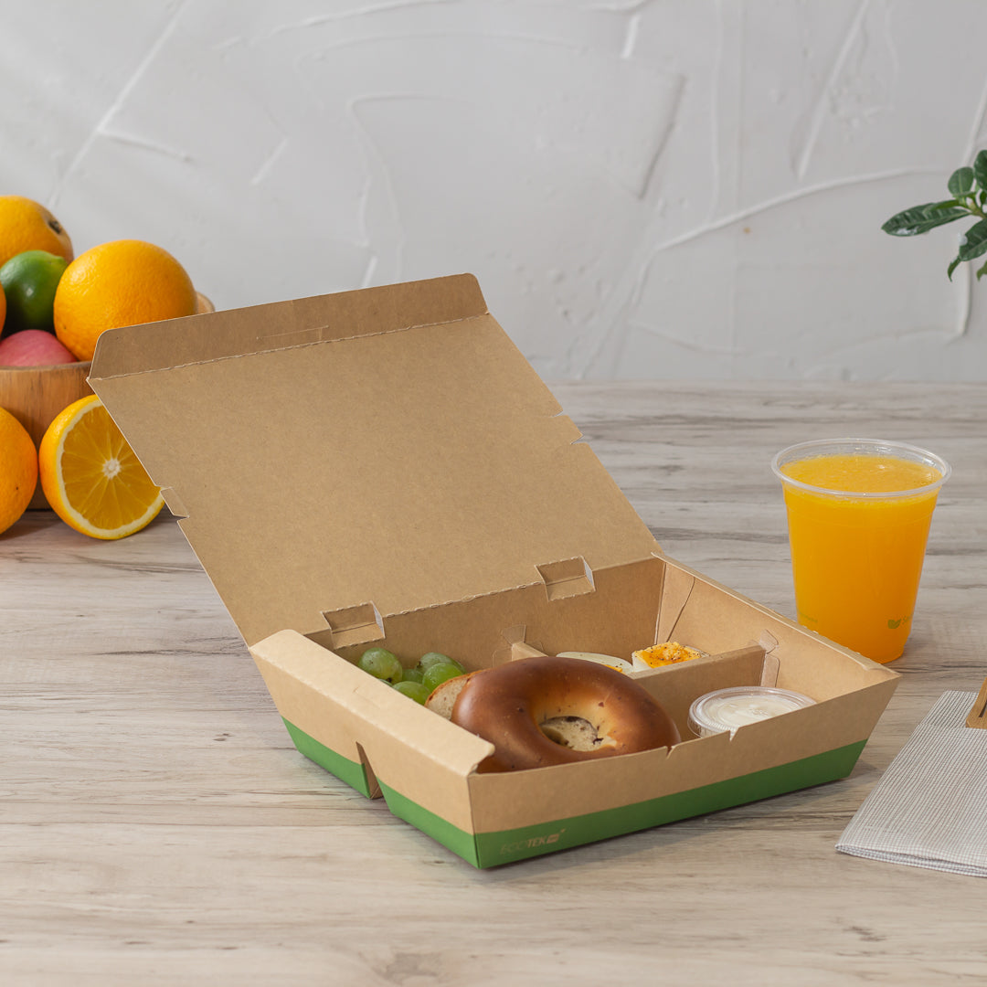 Eco Tek 51 oz Rectangle Kraft and Green Paper Bento Box - 3-Compartment, Compostable - 9 1/2" x 7 1/2" x 2" - 100 count box