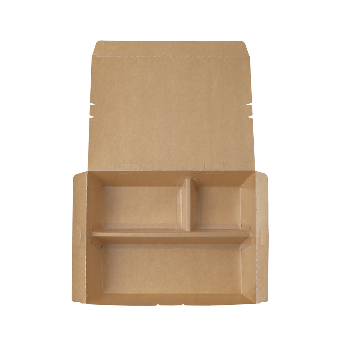 Eco Tek 51 oz Rectangle Kraft and Green Paper Bento Box - 3-Compartment, Compostable - 9 1/2" x 7 1/2" x 2" - 100 count box
