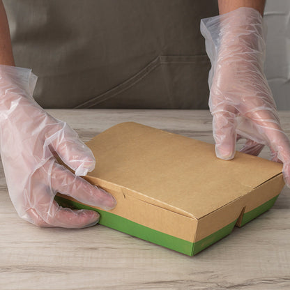 Eco Tek 51 oz Rectangle Kraft and Green Paper Bento Box - 3-Compartment, Compostable - 9 1/2" x 7 1/2" x 2" - 100 count box