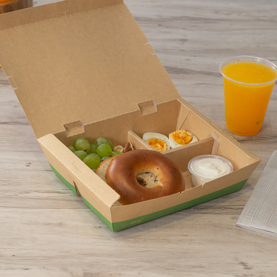 Eco Tek 51 oz Rectangle Kraft and Green Paper Bento Box - 3-Compartment, Compostable - 9 1/2" x 7 1/2" x 2" - 100 count box