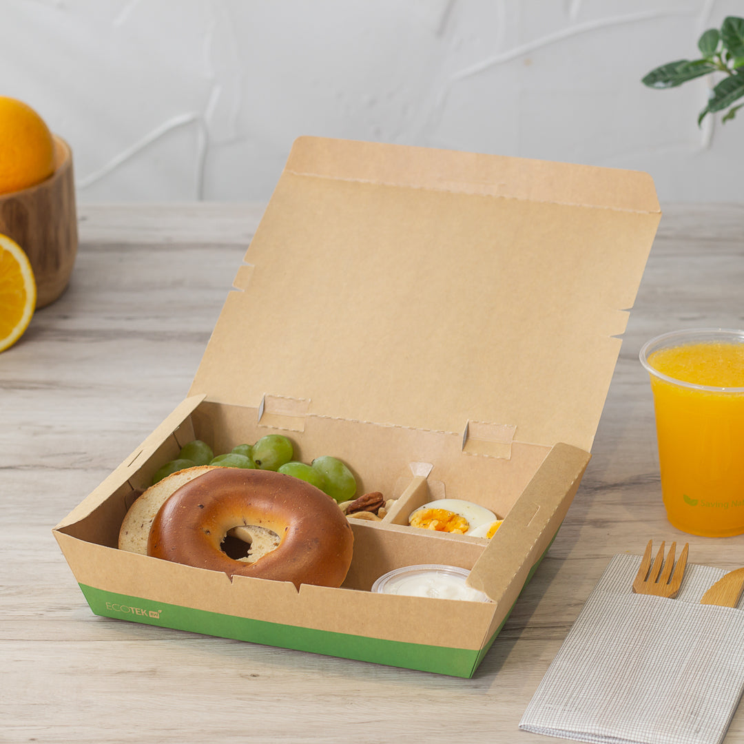 Eco Tek 51 oz Rectangle Kraft and Green Paper Bento Box - 3-Compartment, Compostable - 9 1/2" x 7 1/2" x 2" - 100 count box