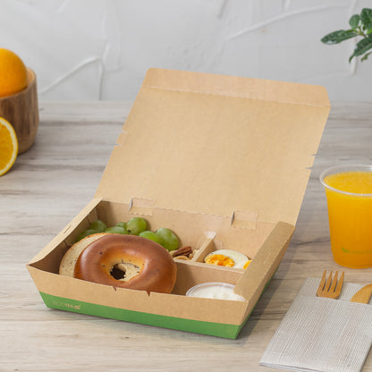 Eco Tek 51 oz Rectangle Kraft and Green Paper Bento Box - 3-Compartment, Compostable - 9 1/2" x 7 1/2" x 2" - 100 count box