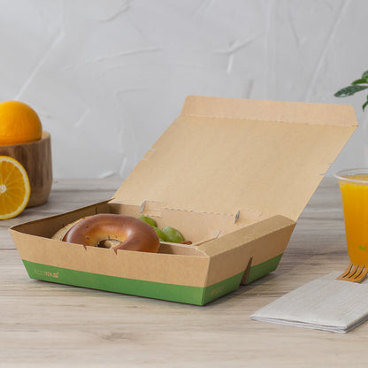 Eco Tek 51 oz Rectangle Kraft and Green Paper Bento Box - 3-Compartment, Compostable - 9 1/2" x 7 1/2" x 2" - 100 count box