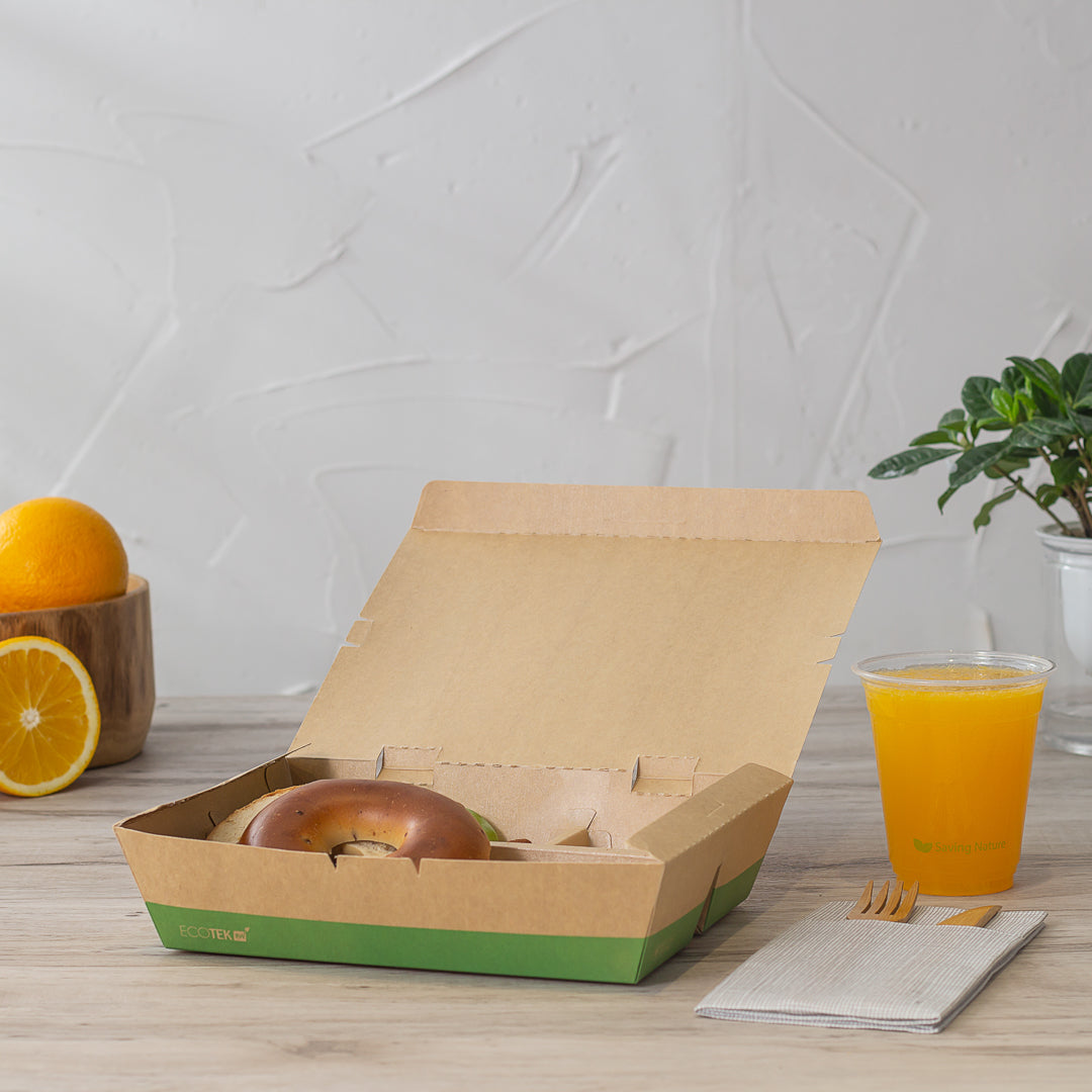 Eco Tek 51 oz Rectangle Kraft and Green Paper Bento Box - 3-Compartment, Compostable - 9 1/2" x 7 1/2" x 2" - 100 count box