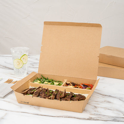 Bio Tek 78 oz Rectangle Kraft Paper Bento Box - 3-Compartment - 11" x 9" x 2" - 100 count box