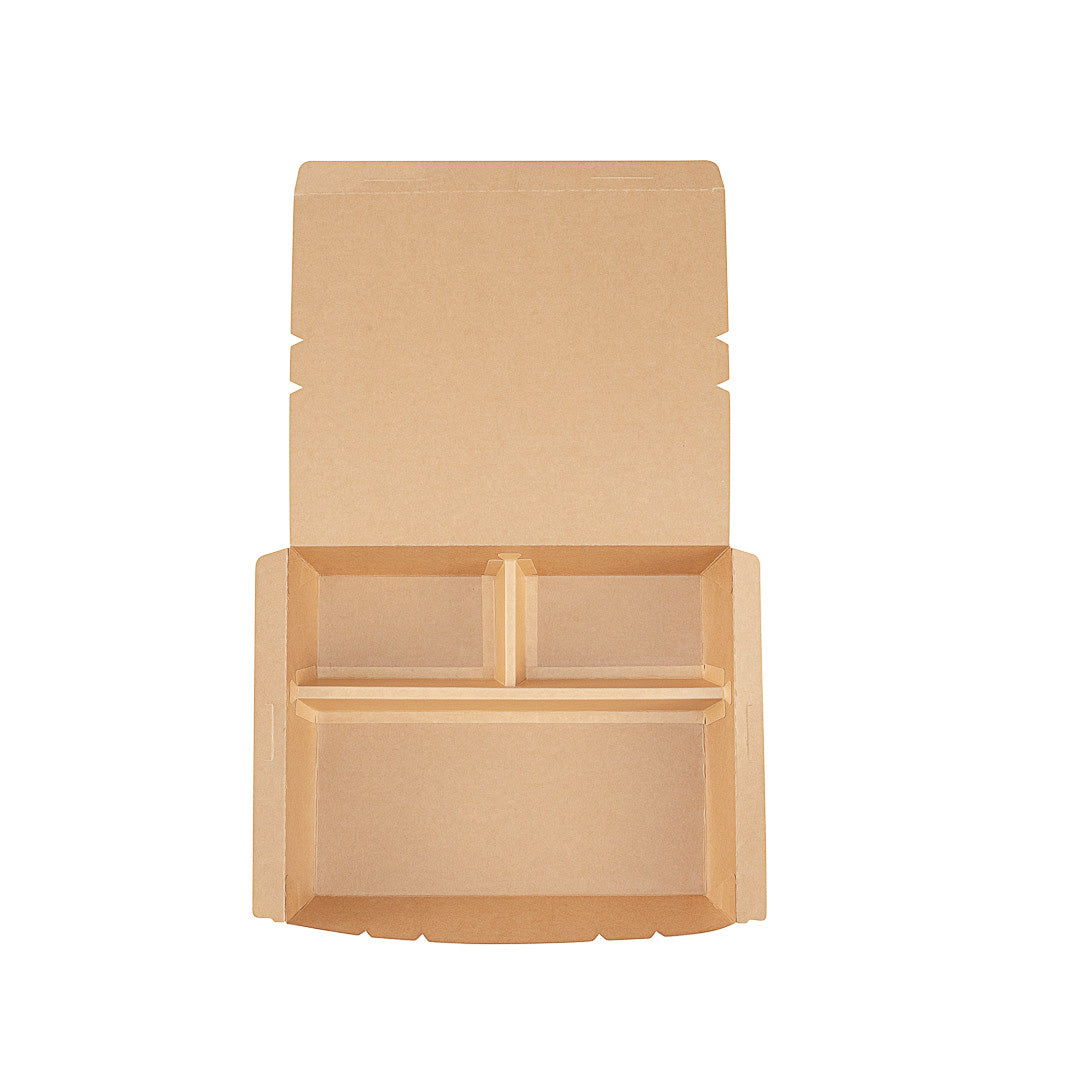 Bio Tek 78 oz Rectangle Kraft Paper Bento Box - 3-Compartment - 11" x 9" x 2" - 100 count box