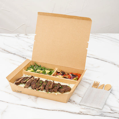 Bio Tek 78 oz Rectangle Kraft Paper Bento Box - 3-Compartment - 11" x 9" x 2" - 100 count box