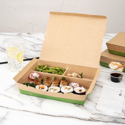 Eco Tek 78 oz Rectangle Kraft and Green Paper Bento Box - 3-Compartment, Compostable - 11" x 9" x 2" - 100 count box