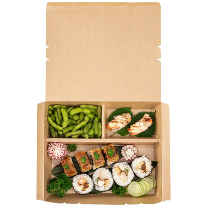Eco Tek 78 oz Rectangle Kraft and Green Paper Bento Box - 3-Compartment, Compostable - 11" x 9" x 2" - 100 count box