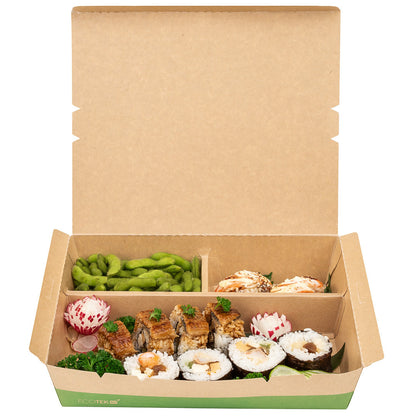 Eco Tek 78 oz Rectangle Kraft and Green Paper Bento Box - 3-Compartment, Compostable - 11" x 9" x 2" - 100 count box