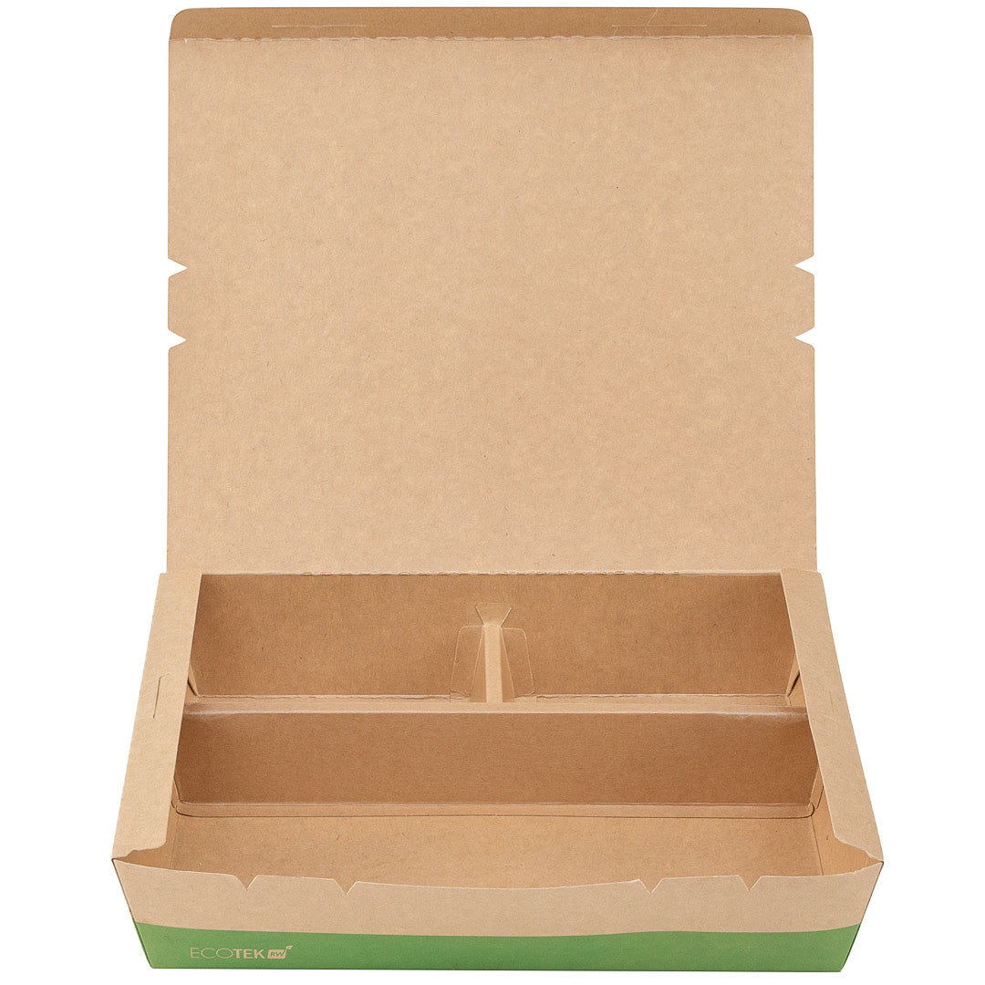 Eco Tek 78 oz Rectangle Kraft and Green Paper Bento Box - 3-Compartment, Compostable - 11" x 9" x 2" - 100 count box