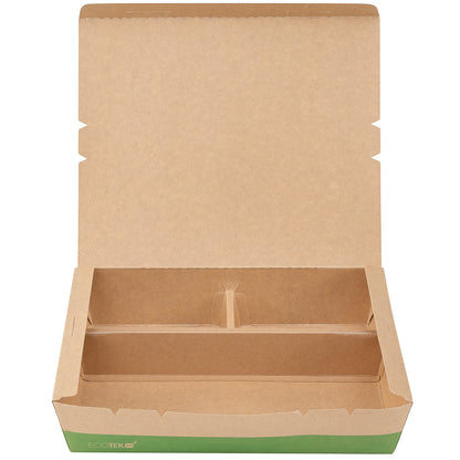 Eco Tek 78 oz Rectangle Kraft and Green Paper Bento Box - 3-Compartment, Compostable - 11" x 9" x 2" - 100 count box