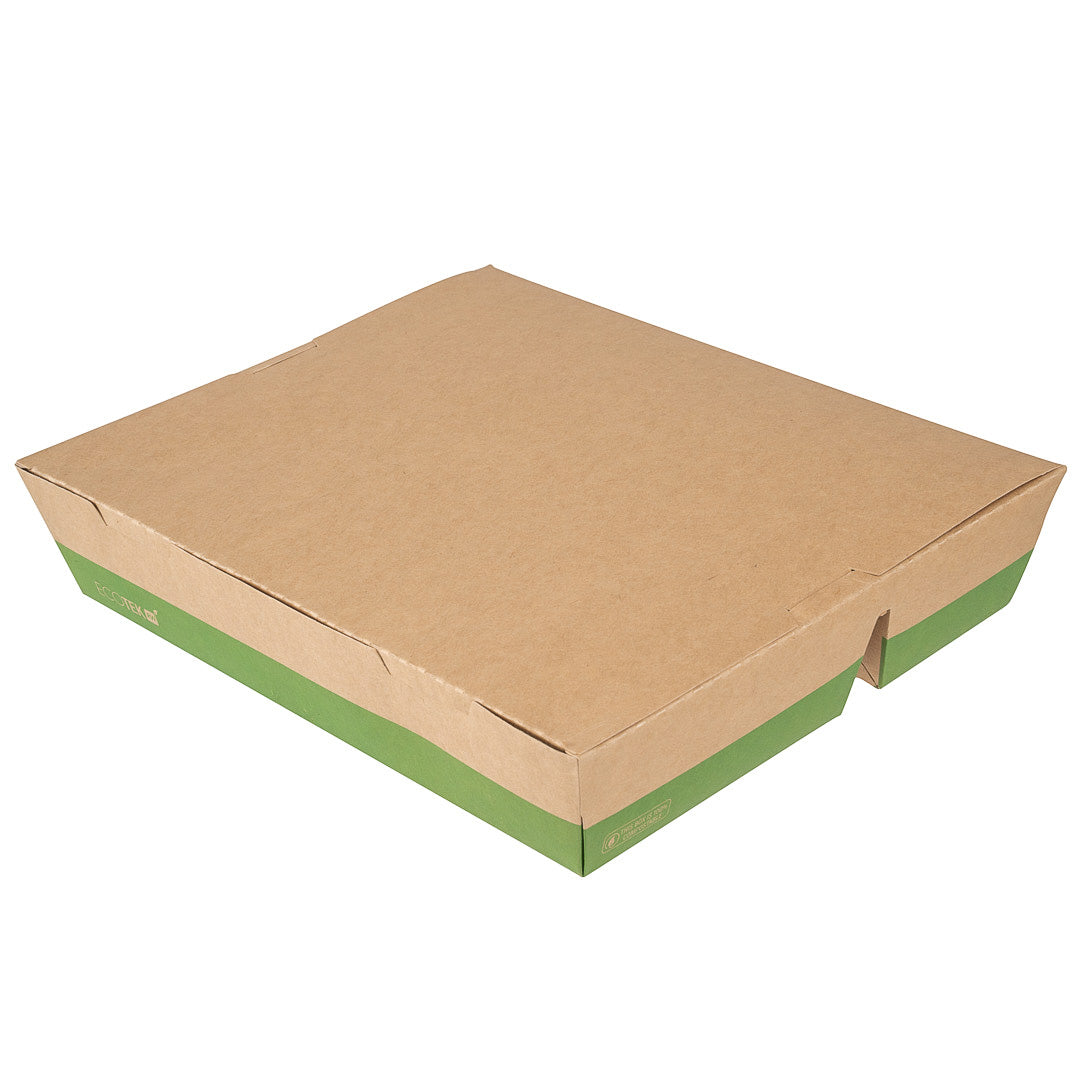 Eco Tek 78 oz Rectangle Kraft and Green Paper Bento Box - 3-Compartment, Compostable - 11" x 9" x 2" - 100 count box