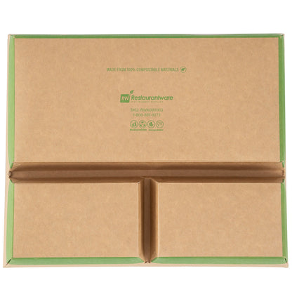 Eco Tek 78 oz Rectangle Kraft and Green Paper Bento Box - 3-Compartment, Compostable - 11" x 9" x 2" - 100 count box