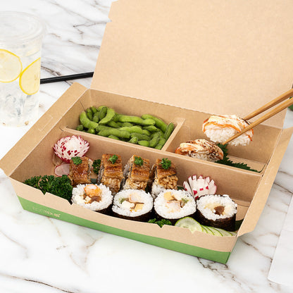 Eco Tek 78 oz Rectangle Kraft and Green Paper Bento Box - 3-Compartment, Compostable - 11" x 9" x 2" - 100 count box