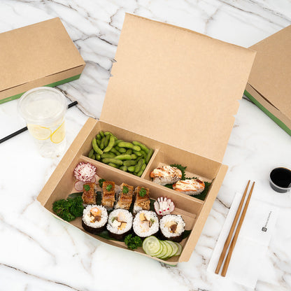 Eco Tek 78 oz Rectangle Kraft and Green Paper Bento Box - 3-Compartment, Compostable - 11" x 9" x 2" - 100 count box
